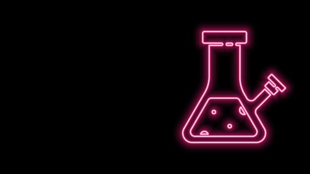 Glowing neon line Glass bong for smoking marijuana or cannabis icon isolated on black background. 4K Video motion graphic animation