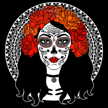 Sugar Skull Girl. Day Of Dead, Traditional Mexican Halloween, Dia De Los Muertos. Woman with makeup sugar skull with roses flowers wreath. Vector illustration.