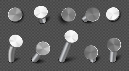 Iron nails hammered in wall, straight and bent steel spikes with circle head. Vector realistic set of metal pins, hardware hobnails, carpentry and construction tools isolated on transparent background