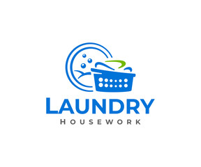 Washing and drying clothes logo design. Laundry room with a washing machine and laundry basket vector design. Dry cleaning logotype