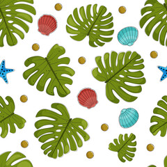 Palm leaves and shells seamless pattern. Vector illustration.
