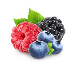 Berries mix isolated - blueberry, raspberry and blackberry on white background