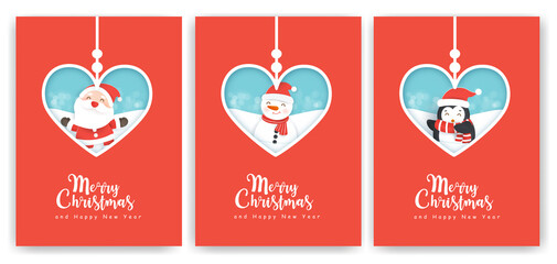 Set of Christmas cards  and new year greeting cards with a cute Santa clause and friends.