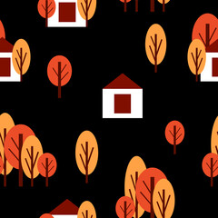 Seamless pattern with autumn trees and white country house. Red and orange. Black background. Cartoon flat style. Garden or forest. Postcards, wallpaper, textile, scrapbooking and wrapping paper