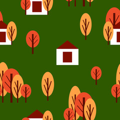 Seamless pattern with autumn trees and white country house. Red and orange. Green background. Cartoon flat style. Garden or forest. Postcards, wallpaper, textile, scrapbooking and wrapping paper