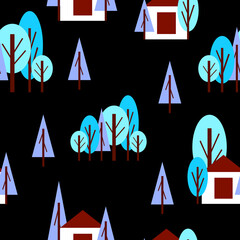 Seamless pattern with winter blue trees and white house. Black background. Cartoon flat style. Garden or forest. Merry Christmas. Postcards, wallpaper, textile, scrapbooking and wrapping paper