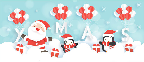 Fototapeta premium Merry Christmas and happy new year banner with cute Santa Clause and penguins.