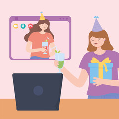 online party, young women celebrating birthday with gift and drink with laptop