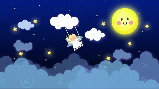 angel on a swing flying with a starry night background animation