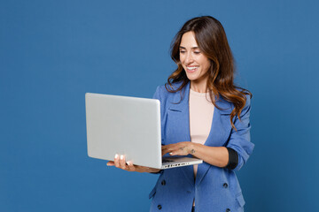 Smiling cheerful funny beautiful attractive young brunette woman 20s wearing basic casual jacket...