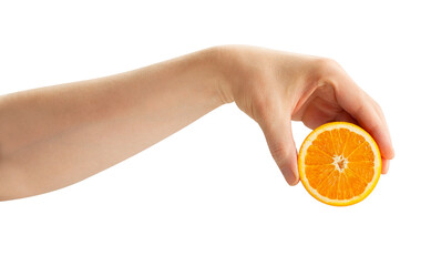 hand squeezing sliced orange fruit path isolated on white