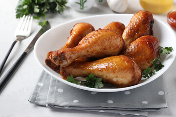 Baked chicken drumsticks in honey and soy sauce on white plate with parsley. Closeup.