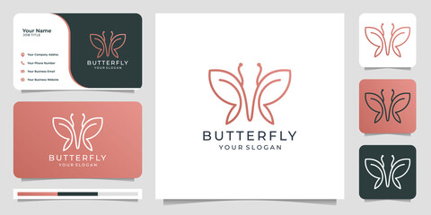 Butterfly logo design with business card.line art style logo template.Premium Vector