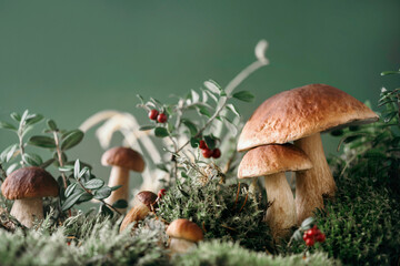 Fresh porcini mushroom in green moss. Autumn harvest concept. Boletus edulis, cep mushrooms. Copy space. Organic forest food, green grass, red lingonberry