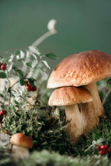 Brown boletus edulis mushroom growing in autumn green moss with red lingonberry, green grass. Autumn harvest concept. Porcini, cep mushrooms. Copy space. Organic forest food
