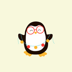 Cheerful penguin in glasses with a garland. Winter fun. Christmas. Winter. New Year. Vector illustration