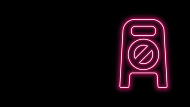 Glowing neon line Wet floor and cleaning in progress icon isolated on black background. Cleaning service concept. 4K Video motion graphic animation