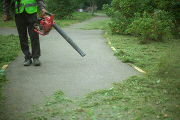 The gardener cleans up the park path. Leaf blower. 