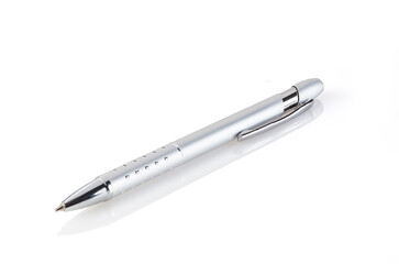 Side view of a ballpoint pen, isolated on a white background. Close-up. Full depth of field.