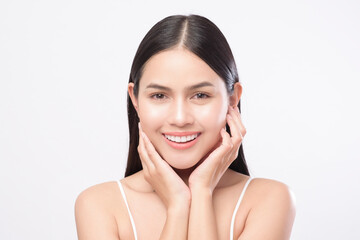 Portrait of young beautiful woman with smooth healthy skin on white background , Skincare concept.