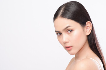 Obraz premium Portrait of young beautiful woman with smooth healthy skin on white background , Skincare concept.