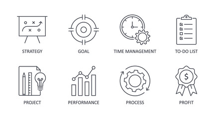 Vector productivity icons. Editable line stroke. Set of symbols business process system strategy performance profit. The goal of the to-do list time management project - 385348979