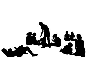 Men and women sit on the ground during a picnic. Isolated silhouettes on white background