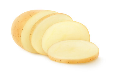 Slices of washed raw potato in a row isolated on white background