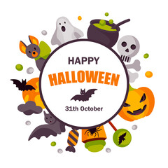 Colorful cute Halloween design for kid’s party invitation. Space for text. Vector illustration