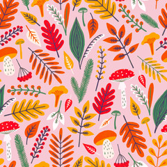 Seamless Autumn pattern with leaves, mushrooms and berries on pink background.