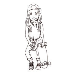 Schoolgirl with a skateboard posing. Hand drawn vector illustration.