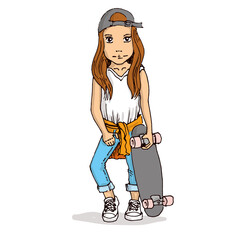 Schoolgirl with a skateboard posing. Hand drawn vector illustration.