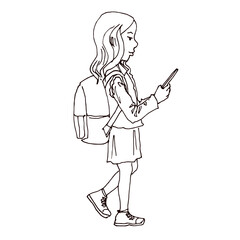 Schoolgirl with a smartphone walks. Hand drawn vector illustration.