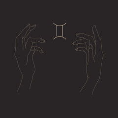 Gemini sign and magic hands in outline style isolated on black background. Hands hold zodiac symbol. Astrological or magic concept. Vector illustration for logotype, icon, tattoo, print