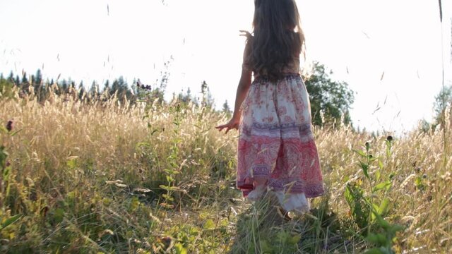 Little girl walking through summer field