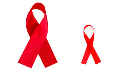 Concept for World AIDS Day. Two red ribbons as a symbol of AIDS awareness on a white background, World Hypertension Day, World Cancer Day. View from above. Copy space. Baner