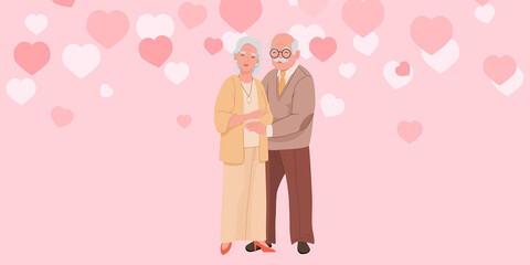 Happy grandparents stand and hug each other vector