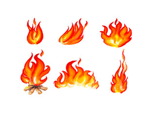 Set of burning fire on white background