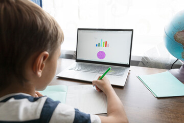 boy is doing math homework in front of laptop with charts on it. Boy is out of focus, globe and copybook are near. Home education concept.