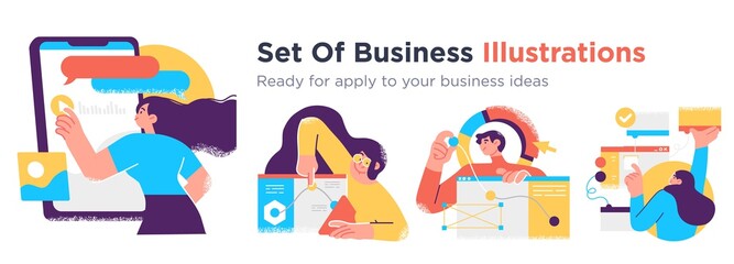 Business Concept illustrations. Collection of scenes with men and women taking part in business activities. Trendy vector style.