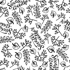 Autumn seamless pattern. Sweater Weather Calligraphy Lettering with berries, branches, leaves sketch. Seasonal Design for wallpaper, wrapping, textile drawing. Black text with autumn sketch element.