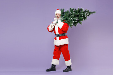 Full length side view portrait funny Santa Claus man in Christmas hat red suit coat gloves glasses hold fir tree isolated on violet background studio. Happy New Year celebration merry holiday concept.