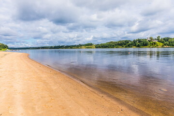 the Volga River in Tutayev, Russia. Tutaev is divided by the Volga into two parts, there is no bridge