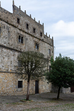 Vertical detail of the facade of the 16th century Palacio de Velarde, in Santillana del Mar, Spain, October 1, 2020