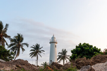 famous Galle Fort Lighthouse and coconut trees glowing in the evening landscape