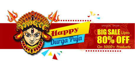 Illustration of Goddess Maa Durga in Happy Dussehra Navratri background Template Design celebrated in Hindu Religion and festival of happy durga puja with festival big sale offers