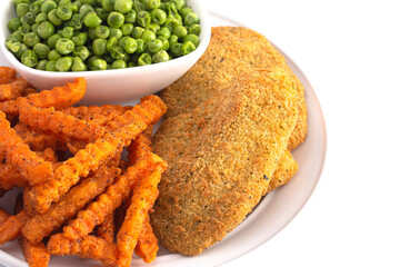 Meal of Breaded Fish Sweet Potato Fries and Peas