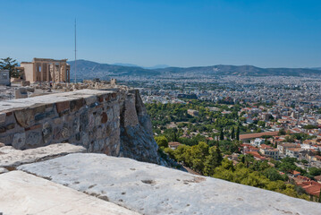 Fototapeta na wymiar The Acropolis of Athens, Greece, August 2020: Tourist season on the Acropolis during the Coronavirus pandemic