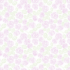 seamless pattern with pink roses and green leaves, floral wallpaper, linen flowers on white background