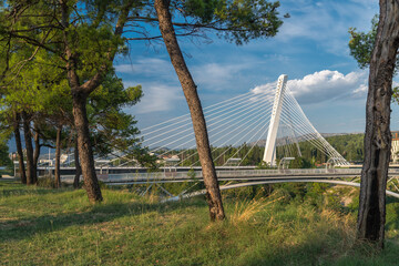 The Millennium and Moscow Bridges in lte late summer,surrounded by lush trees,spanning the Moraca river,Podgorica,Montenegro